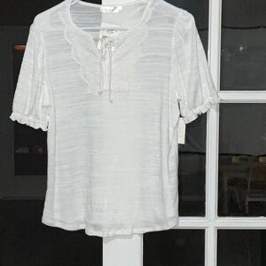 White Puff Sleeve Blouse with Tie Front and Bib Collar